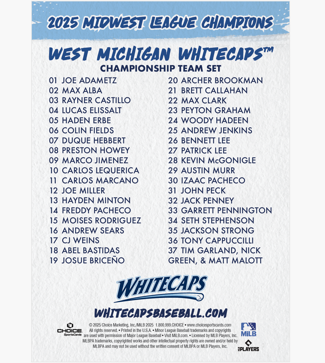 ま*ン様 GFL WEST WEAR EASTSIDE bboy チカーノ ギャ 2025 Champions Post-Season Team Card Set – West Michigan Whitecaps