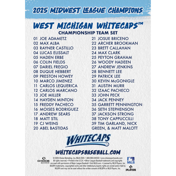 West Michigan Whitecaps 2025 Champions Post-Season Team Card Set - PREORDER